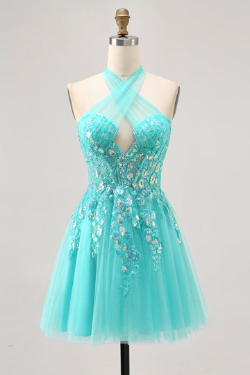 Halter Appliqued A Line Short Green Cocktail Dress